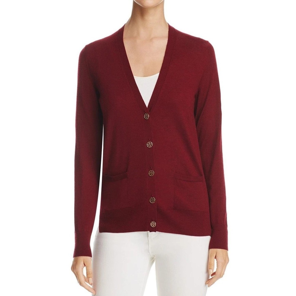 Tory Burch Women's Red Madeline V-Neck Merino Wool Cardigan Sweater Size XS